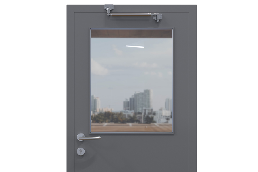 Porte ouvrant vers l’extérieur, avec l’équerre fixée sur le panneau de porte (vue intérieure) | accessoires: 205489 et 205511