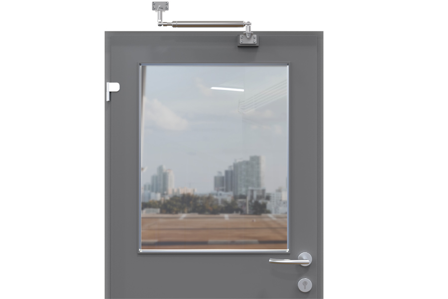 Back check on recessed door that opens inwards (inside view) | accessories: 205489, 205511, mounting plate provided on site