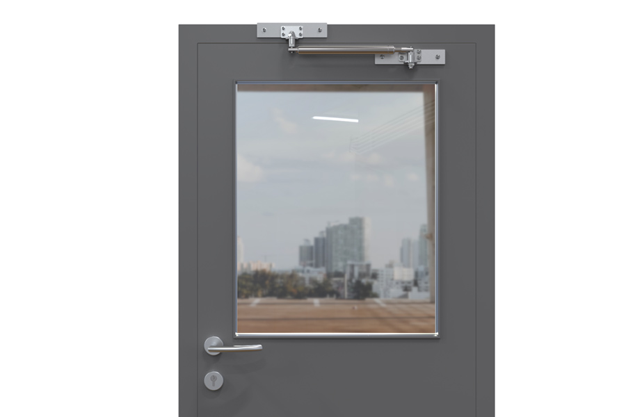 Back check on door that opens outwards, with mounting bracket and pin (inside view) | accessories: 205503, 205489, 205511