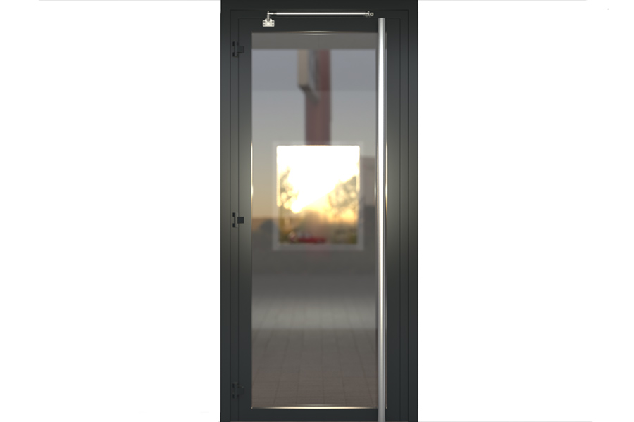 Montiert über dem Stangenstoßgriff an nach außen öffnender Tür (Außenansicht) | Beschläge: 205489, 205511 und 205197