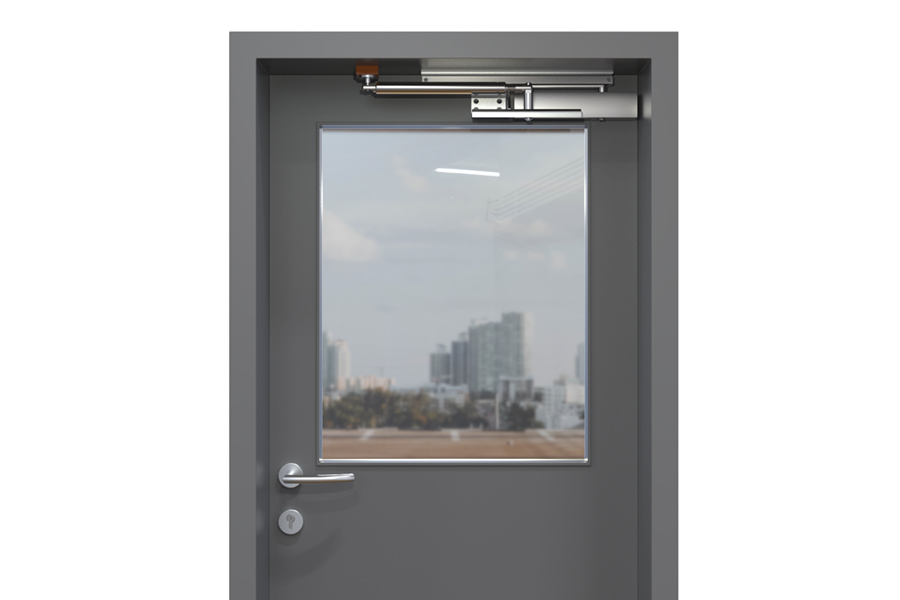 Back check on double-leaf door that opens outwards with overhead door closer, guide rail on frame and supporting block provided by customer (inside view) | accessories: 205261, 205514, 205507 or 205508, supporting block provided by customer