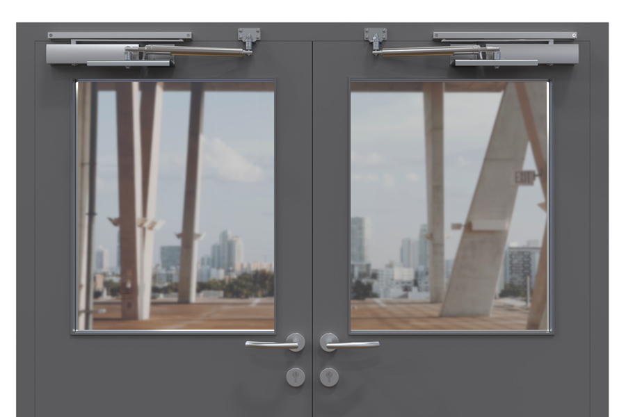 Nach außen öffnende, zweiflügelige Tür mit Obentürschließer und Gleitschienen auf dem Rahmen (Innenansicht) | Beschläge: 205489, 205511, 205514, 205507 und 205508